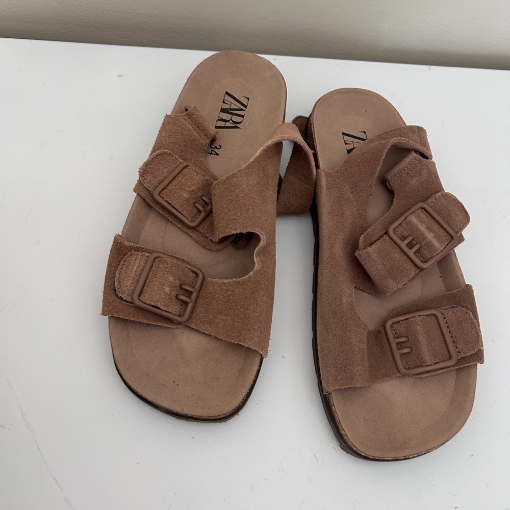 Zara Kids Tan Suede Double-Buckle Slide Sandals